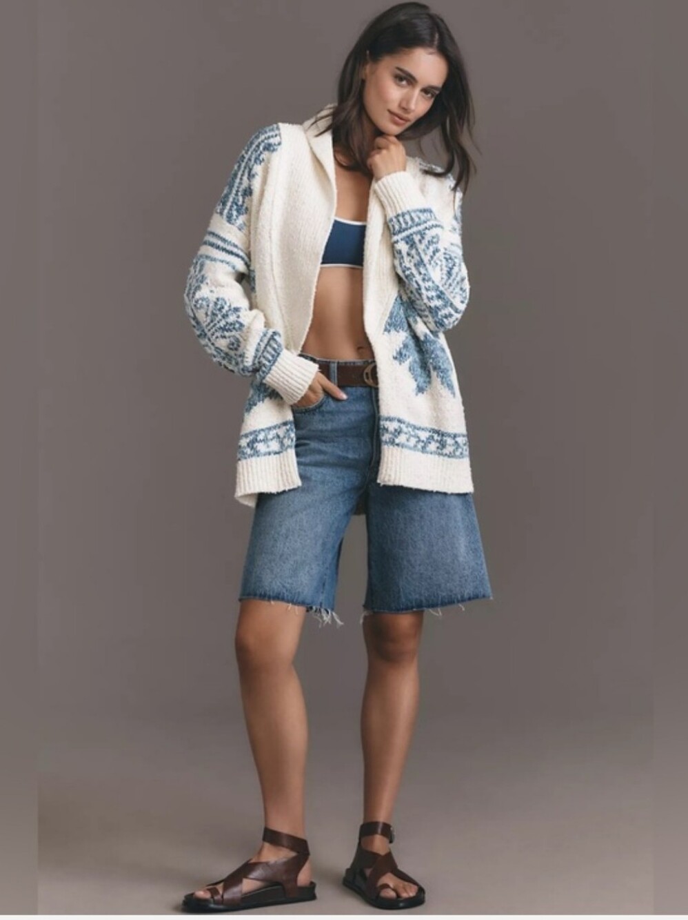 NWOT Anthropologie Pilcro Folded Collar Cardigan Sweater Blue Cream S/M